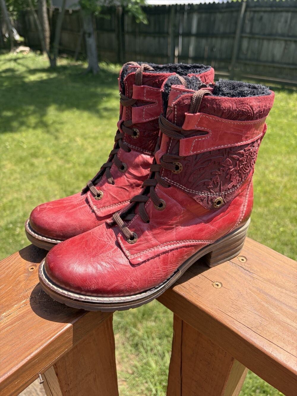 DROMEDARIS Kara Combat Boots Womens EU37 US 6.5/7 Red Lace Up Zip Moto Heeled